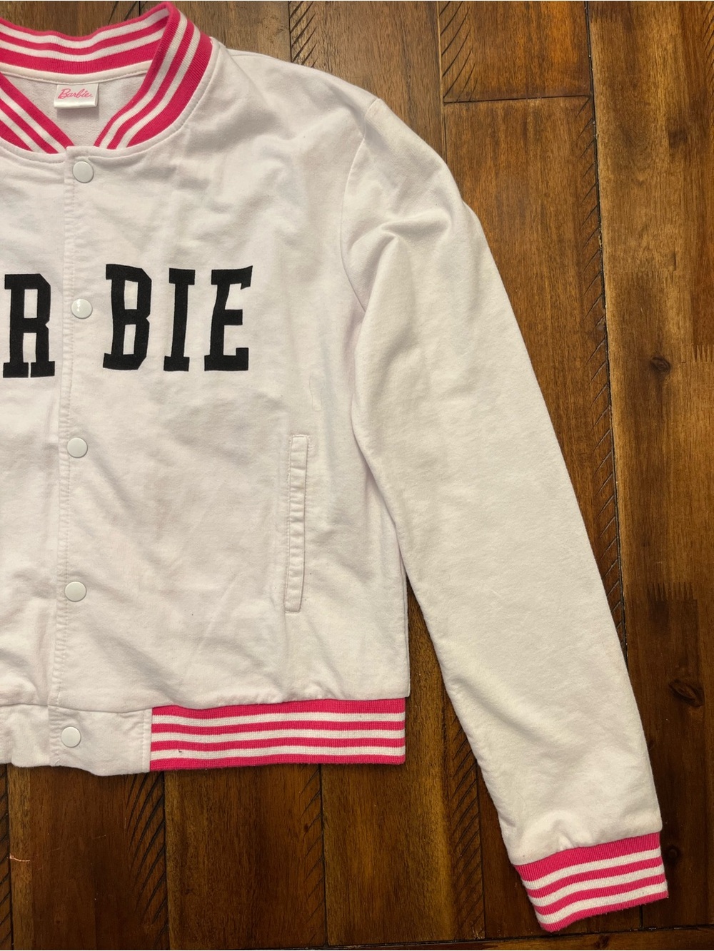 Barbie White Varsity Jacket with Pink Trim and Black Lettering - Picture 5 of 12
